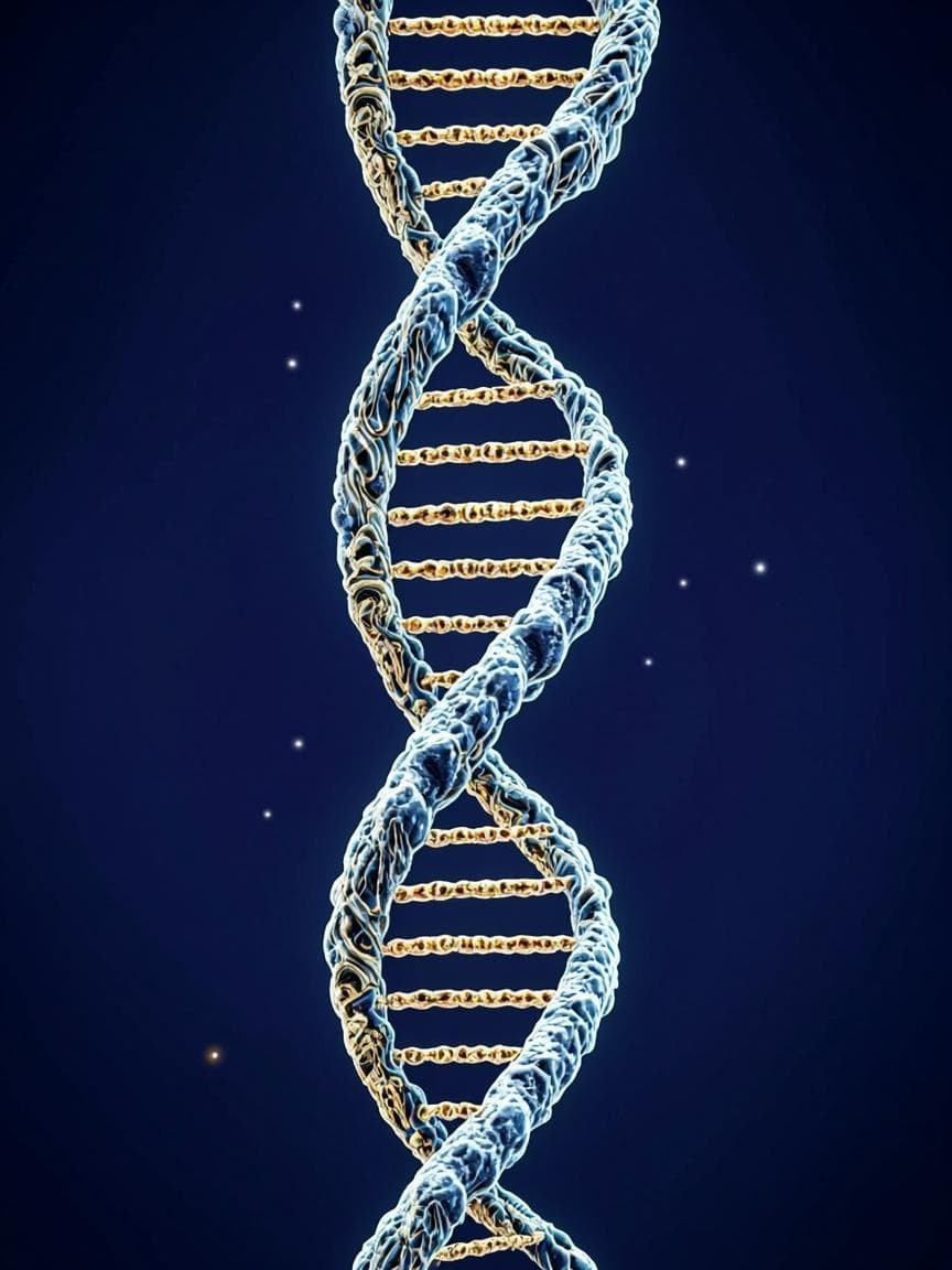 Illustration scientifique : double hélice d'ADN associée à une géométrie fractale dorée sur fond bleu marine